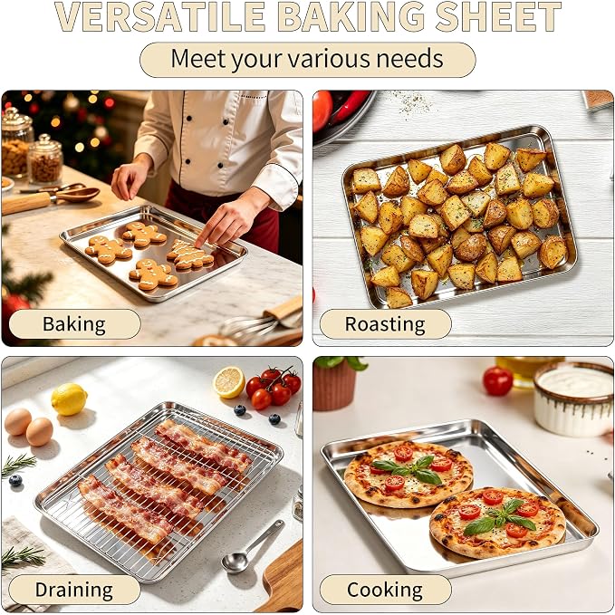 TeamFar Stainless Steel Baking Sheet with Rack Set, 16"x12"x1" | 2 Pans + 2 Racks, Cookie Sheet Baking Pan Tray with Cooling Rack for Cooking, Non-Toxic & Rust Proof, Dishwasher Safe