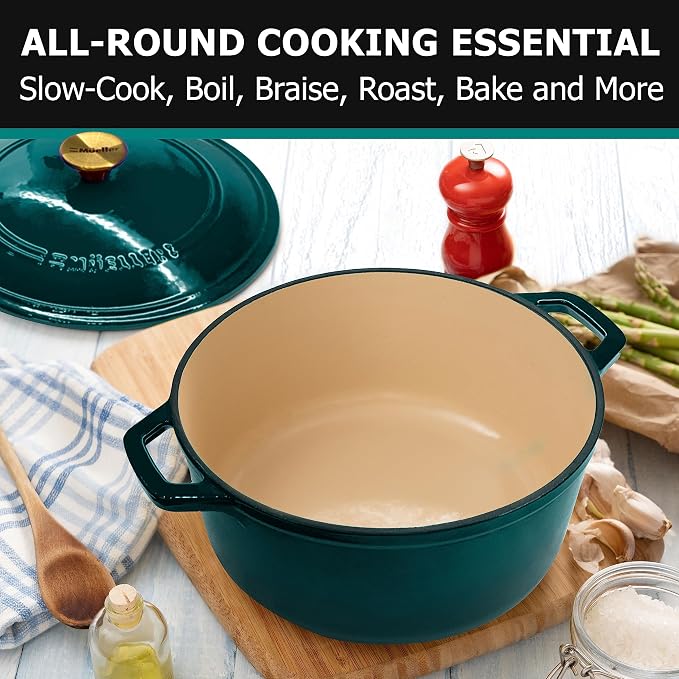 Mueller DuraCast 6 Quart Enameled Cast Iron Dutch Oven Pot with Lid | Sourdough Bread Baking, PFOA-Free, 500°F Oven Safe - All Cooktops incl. Induction, Braising & Slow Cooking, Emerald