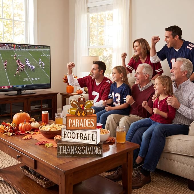 Lineshading 4 Pcs Thanksgiving Football Block Signs Wooden Farmhouse Decor | Rustic Turkey Design, Tiered Tray Decor, Tabletop Centerpiece, Seasonal Display, Gift for Fall Football Gatherings