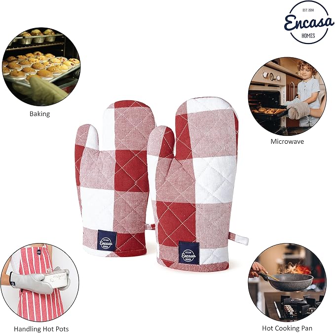 Encasa XO Oven Mitts, Heat Resistant Kitchen Gloves, Microwave | Buffalo Red Checks, 100% Cotton | Diamond Quilted Insulation | Pot Holders | Hanging Loop | Barbecue & Grill | Set of 2