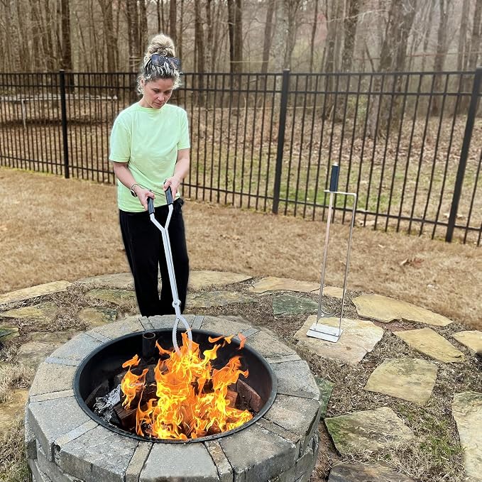 40in Stainless Steel Fire Pit Tool Set with Stand | Sturdy Fire Place Tools with Stand Fire Log Grabber Fire Pit Poker for Campfire Backyard Bonfire Wood Stove Indoor Outdoor