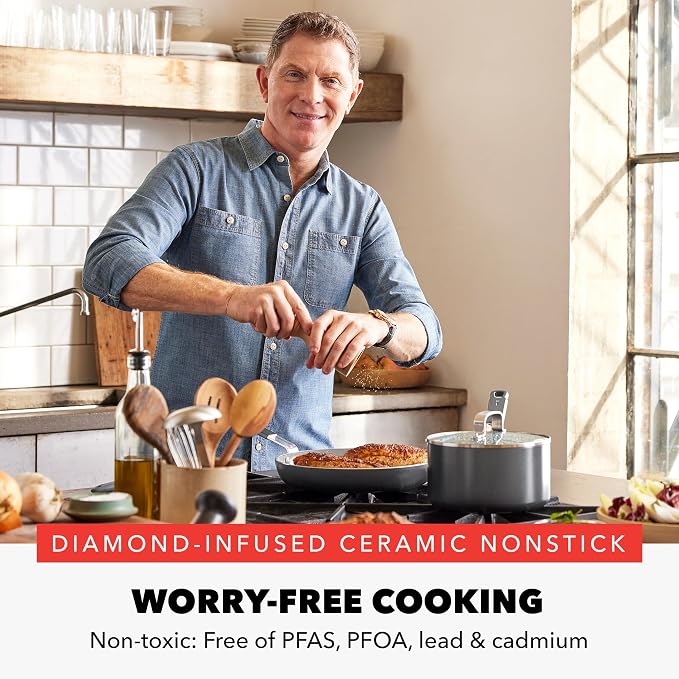 GreenPan x Bobby Flay 2.5QT Ceramic Nonstick Saucepan with Lid, Graphite | PFAS-Free Diamond Ceramic Nonstick Chef Pan, Silicone Handle, Induction & All Stovetop Compatible, Dishwasher and Oven Safe