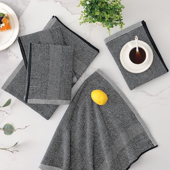 Mordimy Premium Large Cotton Kitchen Towels (18"x 28", 3 Pack), Black | 100% Ring Spun Cotton, Super Absorbent, 380 GSM, Flat & Terry, Soft, Hanging Loop Dish Towels
