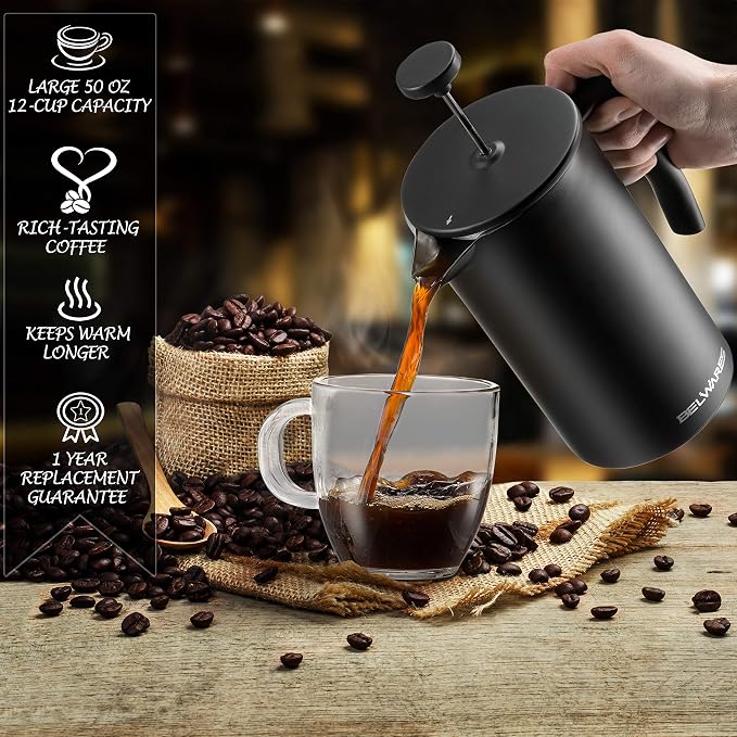 Large French Press Coffee Maker 50oz, 304-Grade Stainless Steel, Insulated | Double-Wall Coffee Press Keeps Hot, 4-Level Filter Blocks Grounds, Rust-Proof, 2 Extra Filters, Cold Brew, Matte Black (1.5L)