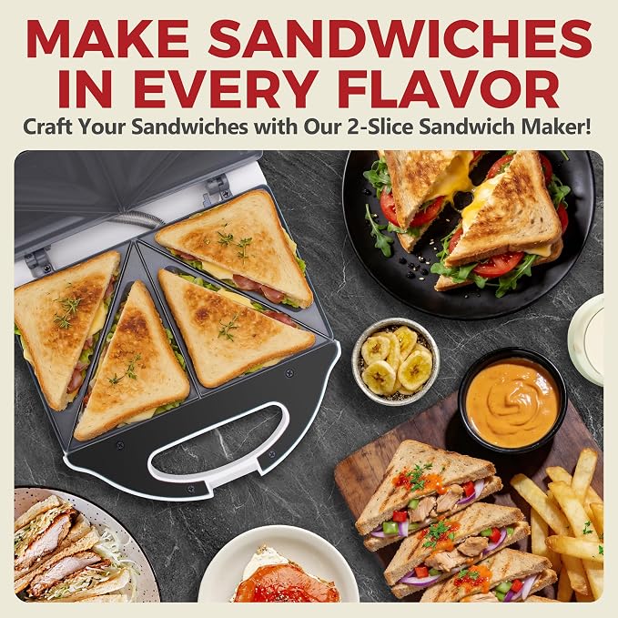 AshGlen Ceramic Breakfast Sandwich Maker Press 2 Slices, Mini Sandwich Press, Grilled Cheese Maker, Tostadora De Pan Sandwichera, Sandwichera Electrica, Sandwich Toaster, Ceramic Coating, White