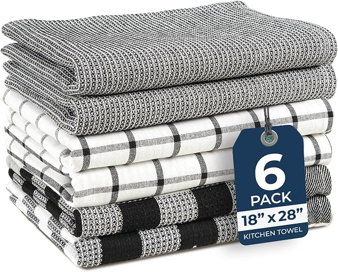LANE LINEN Kitchen Towels Set – Pack of 6 Cotton Dish Cloths, 18”x28”, Soft & Quick-Drying Tea Towels for Cleaning – Black