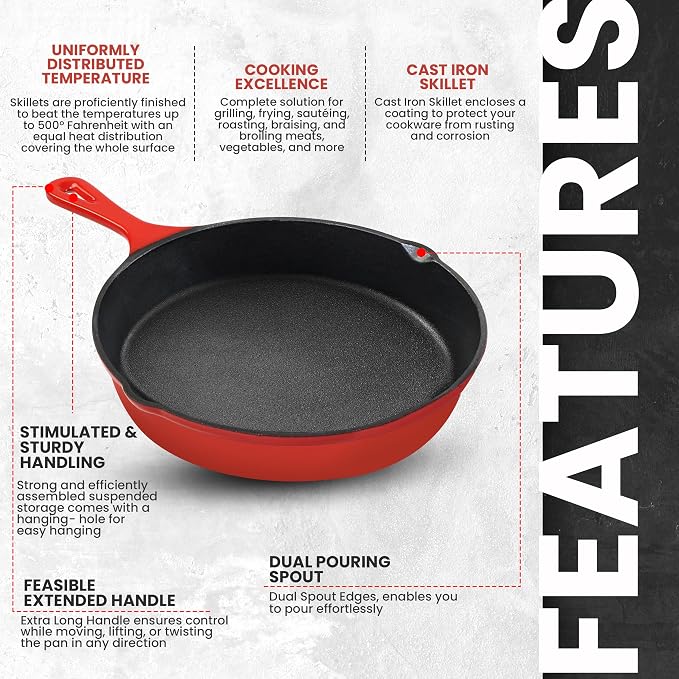 Utopia Kitchen Cast Iron Skillet Set 3 Piece 6 8 10 Inch PFAS-Free Red | Chef Pan, Even Heat Distribution, Stovetop, Campfire and Grill Safe, Large Skillet Set, Indoor Outdoor Use