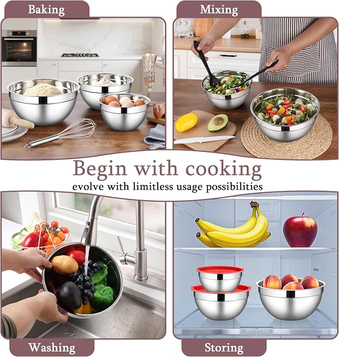 LIANYU Stainless Steel Mixing Bowls with Lid, Kitchen Baking Bowl Set of 3 | Metal Nesting Bowl for Easy Storage, Dishwasher Safe, 1.5QT & 3QT & 4.6QT, Red