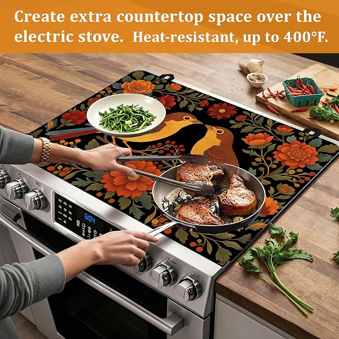 Vintage Birds Flowers Stove Top Covers for Electric Stove,Retro Glass Top Stove Cover, Heat Resistant Range Covers for Electric Stove,Washable Countertop Mat, 28 x 20 Inch