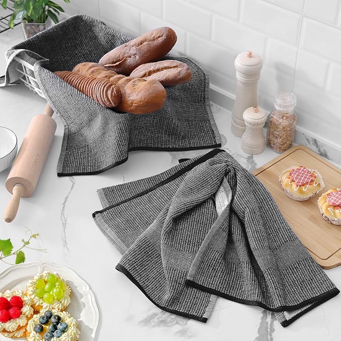 Homaxy 380 GSM Cotton Premium Kitchen Towels 3 Pack, 18"x 28", Mix | Flat and Terry Dish Towels, Highly Absorbent Tea Towel Set with Hanging Loop, Soft Kitchen Hand Towels, Navy/Grey/Black