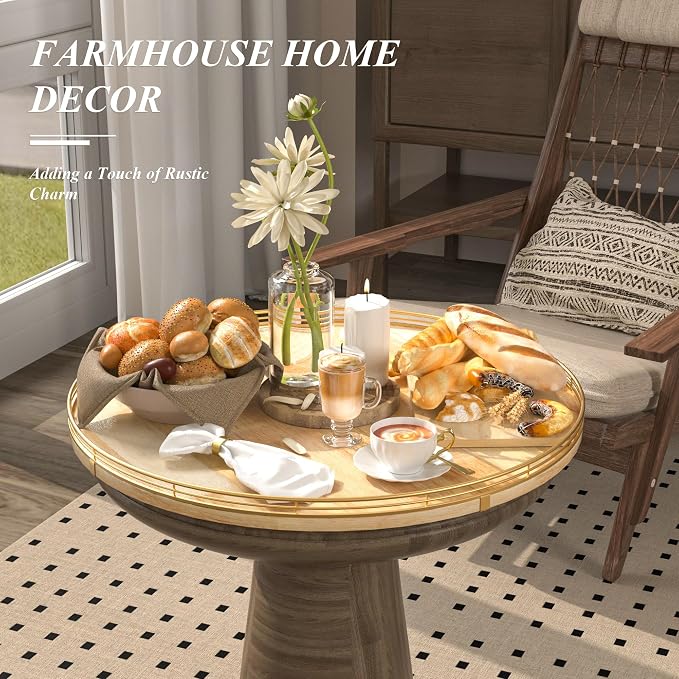 AMH 21-Inch Extra Large Lazy Susan with Oak Base and Black Iron Rail | Smooth rotating oak tray with walnut finish for dining tables, kitchen counters, pantries and cabinet storage.