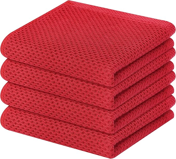 Homaxy 100% Cotton Waffle Weave Kitchen Dish Towels 4-Pack, Red | 13 x 28 Inches, Ultra Soft Absorbent Dish Towels, Quick Drying Cleaning Towels