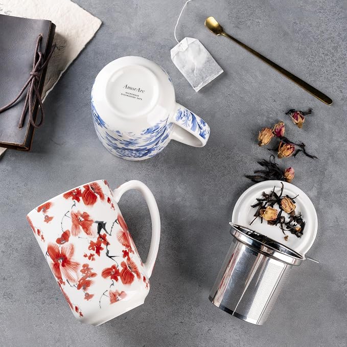 AmorArc Tea Cup With Infuser and Lid, 18oz Loose Leaf Tea Mug With Steeper | Porcelain Tea Mug With Infuser and Lid, Large Strainer Tea Cup with Lid for Tea, Coffee Mug for House-warming Birthday Gift