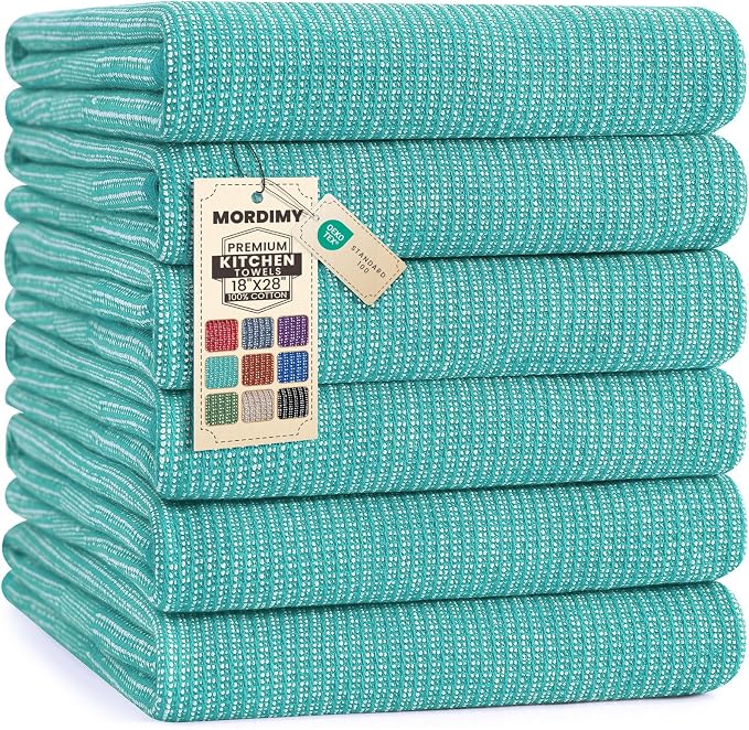Mordimy Premium Large Cotton Kitchen Towels (18"x 28", 6 Pack), Teal | 100% Ring Spun Cotton, Super Absorbent, 380 GSM, Flat & Terry, Soft, Hanging Loop Dish Towels