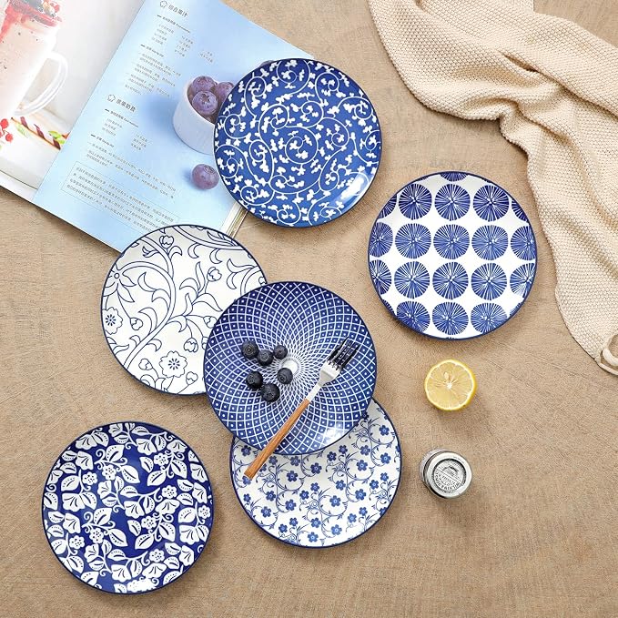 Selamica Ceramic Dessert Plates Set of 6, 6 Inch Small Plates, Vintage Blue | Appetizer Plates for Kitchen, Microwave & Dishwasher Safe