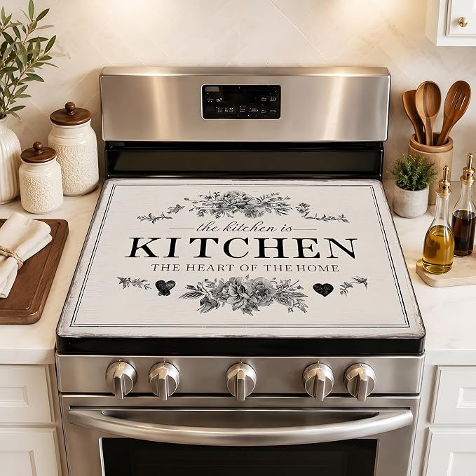 Floral Stove Top Cover Mat, Farmhouse Decor, 28.5 x 20.5In(Gray wood planks)
