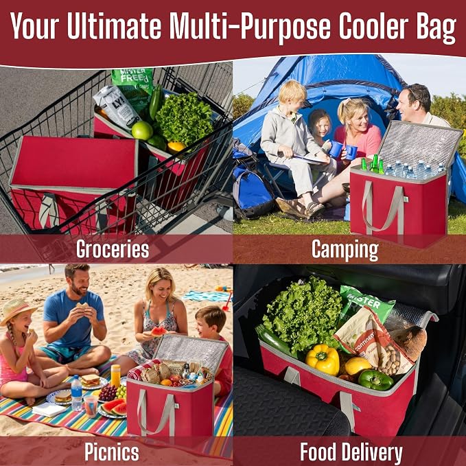 VENO 2 Pack Cooler Bag Insulated Grocery Bags for Food Delivery Heavy Duty | Large Collapsible Cooler, Reusable Shopping Tote w/ Zippers, Foldable, Stands Upright, for Groceries Camping (Red, 2 Pack)