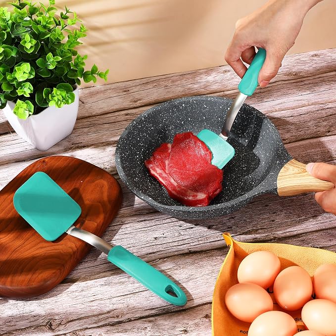 Silicone Cookie Spatula Turner 2 Pack Mini Brownie Spatula Flexible Kitchen Small Silicone Turner for Nonstick Cookware Heat Resistant No Scratch Flipper for Egg(Solid Flat,Green)