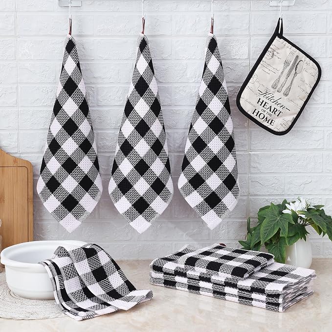 Homaxy Kitchen Towels and Dishcloths Set, Set of 8, Black & White | Bulk Cotton Waffle Weave Check Plaid Kitchen Towels, Super Soft and Absorbent Dish Cloths, 12 x 12 and 13 x 28 Inches
