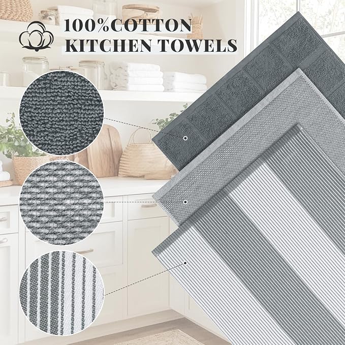Homaxy 3 Pack Cotton Terry Premium Kitchen Towels, 18 x 28 in, Grey | Large 380 GSM Dish Towels, Highly Absorben Flat & Terry Kitchen Hand Towels, Soft Utility Tea Towel Set with Hanging Loop