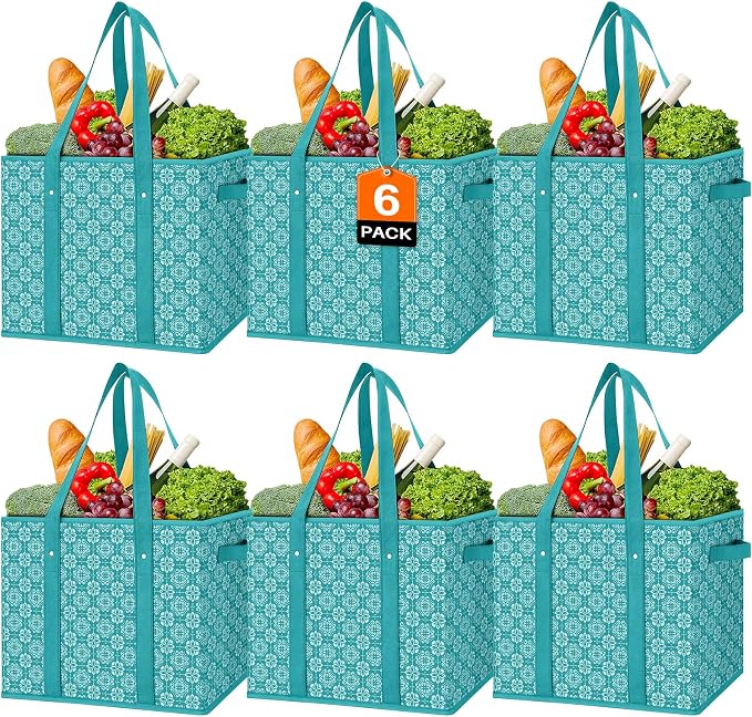 Reusable Grocery Bags 6 Pack, Foldable & Water Resistant Shopping Bags | Large Grocery Tote Bag Water Resistant Shopping Bags Foldable Grocery Bag for Clothes,Shoes and Picnic