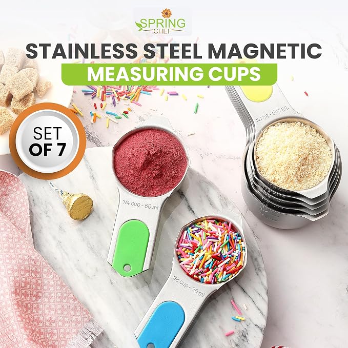 Spring Chef Magnetic Stainless Steel Measuring Cups Set of 7 Patented, Neon | Metal Measuring Cups for Measuring Dry or Liquid Ingredients, Easy to Read Markings, Dishwasher Safe Nesting Magnetic Cups