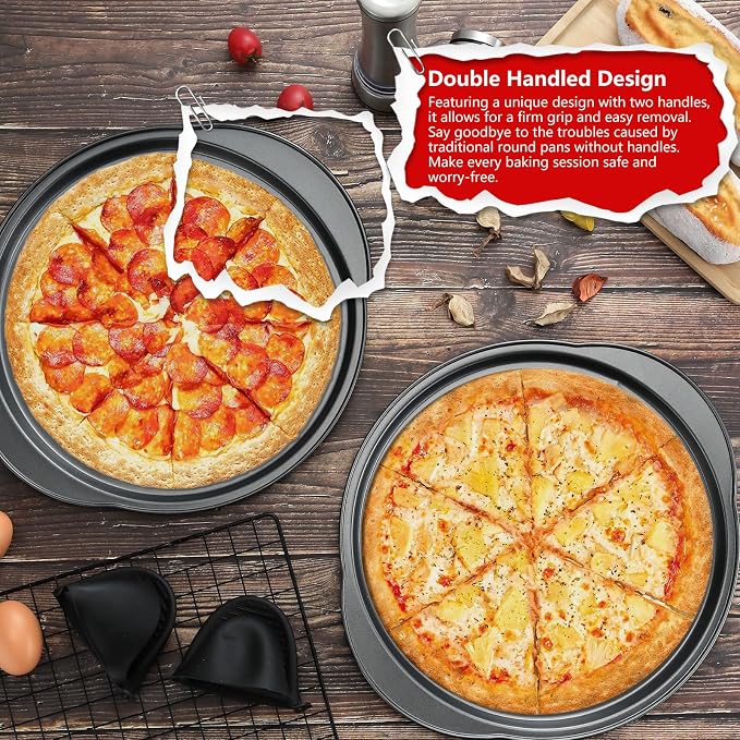 13" Round Pizza Pan for Oven, 2 Pack | Non-stick Carbon Steel, With Holes, Handle, Easy to Clean, Oven Safe