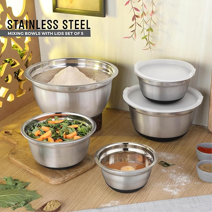 Premium Stainless Steel Mixing Bowls with Lids Non-Slip, Set of 5 Mixing Bowl Set with Silicone Base, Space Saving, Great for Cooking, Baking, Prepping (0.25qt, 1qt, 1.5qt, 3qt, 5qt)