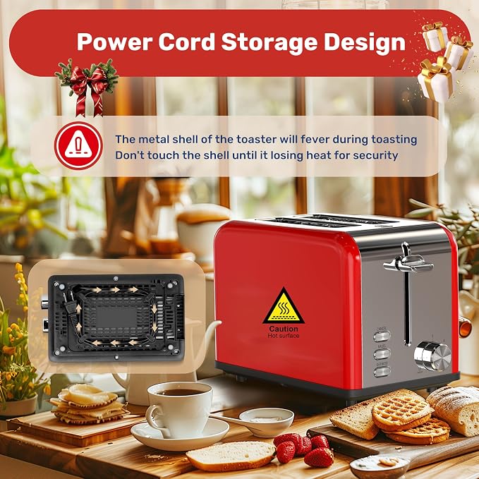 YSSOA Stainless Steel Toaster 2 Slice with Extra Wide Slot & Removable Crumb Tray, 6 Shade Settings and Bagel/Defrost/Cancel Functions, Compact Oven, for Various Bread & Waffle, Red New
