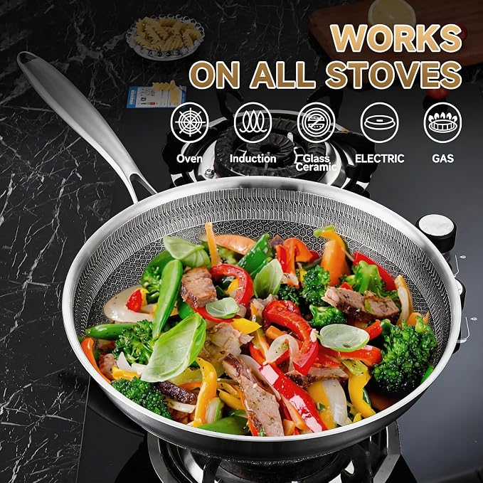 LOLYKITCH 12 Inch Hybrid Nonstick Wok with Lid | Ceramic Coating | Honeycomb Stainless Steel Wok Pan | Oven & Dishwasher Safe | Flat Bottom Wok for Electric & Induction Cooktop | Long Handle