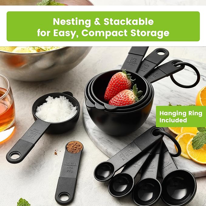 Spring Chef Black Magnetic Measuring Cups & Spoons - 9 pcs - Nesting Design | for Dry & Liquid Ingredients - Food Safe & BPA Free - Dishwasher Safe