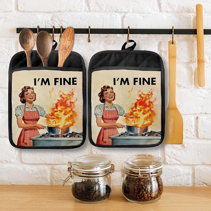 I'm Fine Funny Kitchen Pot Holders with Pockets, Humorous Cooking Housewife Oven Pot Holders Heat Resistant Oven Mitts Hot Pads for Kitchen Baking Cooking