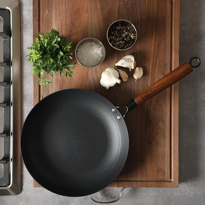 Babish 11 Inch Cast Iron Skillet with Wooden Handle, Pre-Seasoned Nonstick Pan with Honeycomb Textured Cooking Surface, Induction Oven Safe Skillet for Searing, Frying Eggs, Steak and Stir Fry