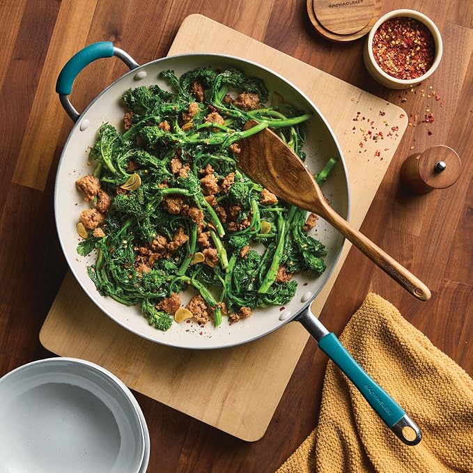 Rachael Ray Cucina Ceramic Nonstick Frying Pan/Skillet, Dishwasher Safe, 14 Inch Open Fry Pan - Marine Blue