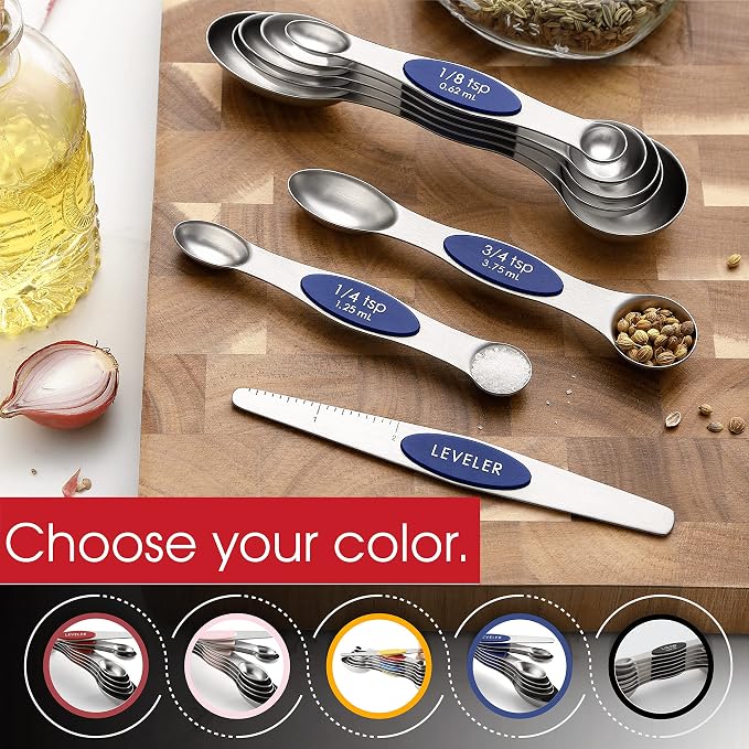 Spring Chef 8 Magnetic Measuring Spoons Set for Baking & Cooking, Sapphire | Stainless Steel Teaspoon & Tablespoon Measuring Spoons with Leveler for Dry & Liquid Ingredients, Dual Sided, Dishwasher Safe