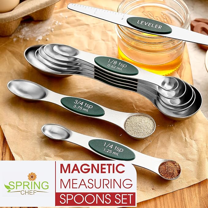 Spring Chef Stainless Steel Magnetic Measuring Spoons Set of 8, Pine Green | Nesting Metal Teaspoon & Tablespoon Measuring Spoons with Leveler for Dry & Liquid Ingredients, Dual Sided, Dishwasher Safe