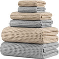 POLYTE 430 GSM Poly Blend Microfiber Quick Dry Waffle Bath Towel Set of 6 | 2-Body Towels, 2-Hand Towels, 2-Wash cloths, Oversize, Lint Free