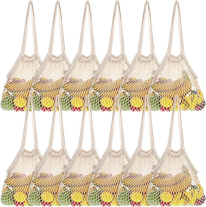 Lemecima 12 Pcs Reusable Cotton Mesh Produce Shopping Bags Washable Grocery Net Portable Fruit and Vegetable Cotton String Bags Long Handle Net Tote Organizer(Long Handle)