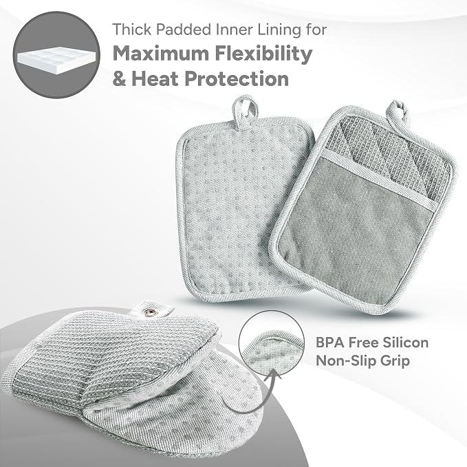 Casa Platino 8-Piece Mini Oven Mitt & Pot Holder Set – 500°F Heat Resistant with Silicone Grip, Includes 2 Kitchen Towels & 2 Dish Cloths for Drying – Non-Slip, Durable, Machine Washable – Grey