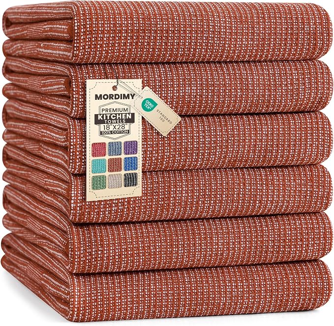 Mordimy Premium Large Cotton Kitchen Towels (18"x 28", 6 Pack), Rust | 100% Ring Spun Cotton, Super Absorbent, 380 GSM, Flat & Terry, Soft, Hanging Loop Dish Towels