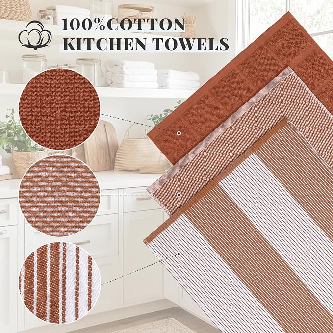 Homaxy 3 Pack Cotton Terry Premium Kitchen Towels, 18 x 28 in, Rust | Large 380 GSM Dish Towels, Highly Absorben Flat & Terry Kitchen Hand Towels, Soft Utility Tea Towel Set with Hanging Loop