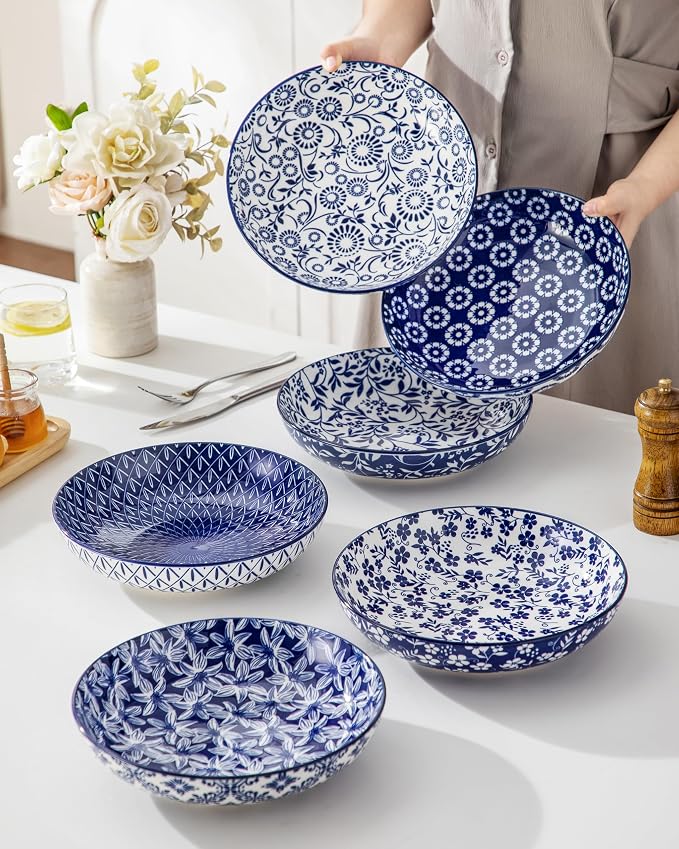 vancasso SELENE 50 oz Large Pasta Bowls Set of 6, Porcelain Serving Bowls, 9.5 Inch Wide Shallow Salad & Soup Bowls, Kitchen Pasta Plates, Microwave and Dishwasher Safe, Blue White Floral Design