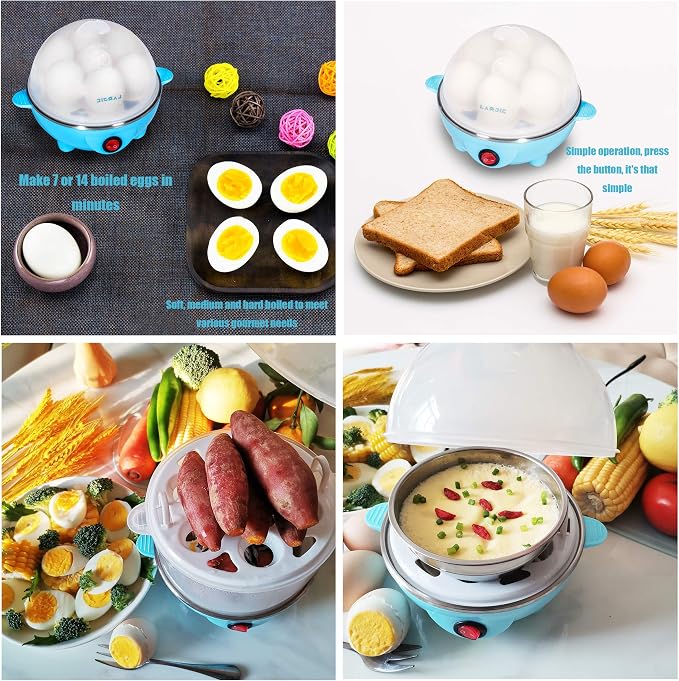 Electric Egg Boiler Cooker Rapid Poacher 7 or 14 Capacity Soft Medium Hard Boiled or Poached for Hard Boiled Scrambled Eggs or Omelets Steamed Vegetables Seafood w/Auto Shut Off Feature Blue