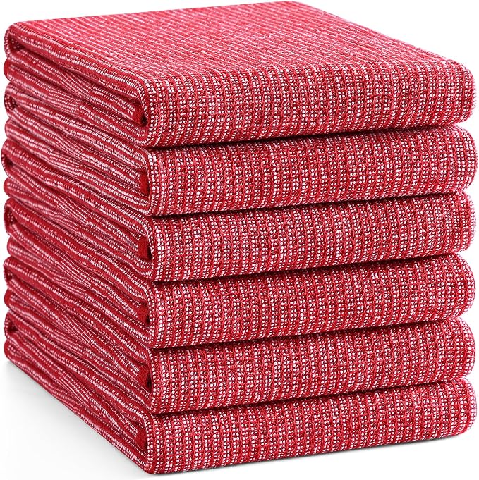 Homaxy 380 GSM Cotton Premium Kitchen Towels 6 Pack, 18"x 28", Red | Flat and Terry Dish Towels, Highly Absorbent Tea Towel Set with Hanging Loop, Soft Utility Kitchen Hand Towels