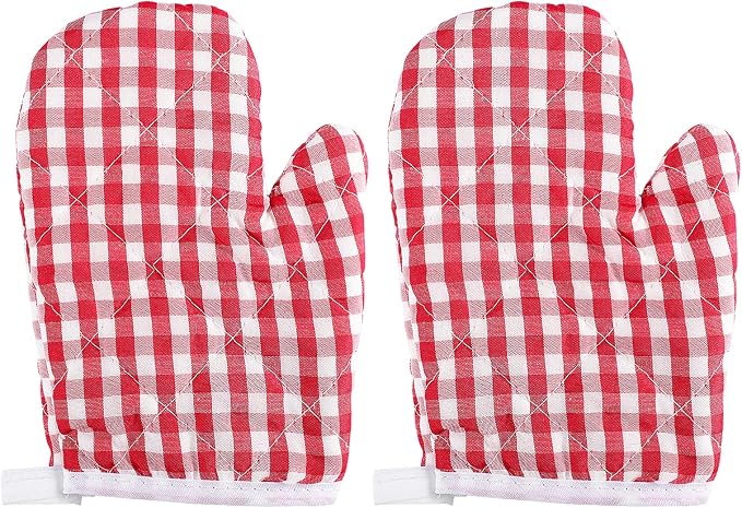 2Pcs Oven Mitts for Play Kitchen, Anti- Scald Gloves Microwave Oven Gloves Kitchen Mitts for Safe Baking Cooking (Red Checkered)