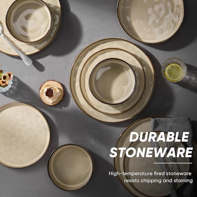 E-far Stoneware Dinnerware Set, 16-Piece Plates and Bowls Sets for 4 | Modern Dishes for Kitchen Dining, Reactive Glazing Ripple Design, Chip Resistant, Microwave & Dishwasher Safe, Sandy Khaki