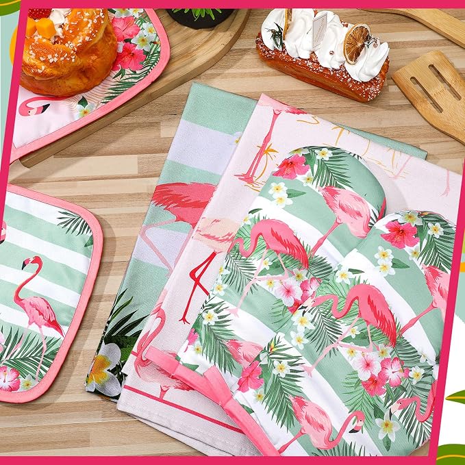 Bencailor 6 Pcs Flamingo Kitchen Towels Pot Holders and Oven Mitts Set Soft Cotton Linen Dish Towel Heat Resistant Oven Mitts for Summer Kitchen Decor Cooking Baking Grilling