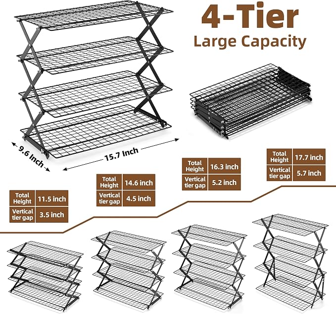 LIANYU 4-Tier Cooling Rack for Baking & Cooking, Collapsible & Space-Saving | Baking Wire Rack for Cooking, Nonstick 4 Adjustable Tiers, 3 Setting Design, Heavy Duty & Non-Toxic, Ideal for Cakes, Cookies