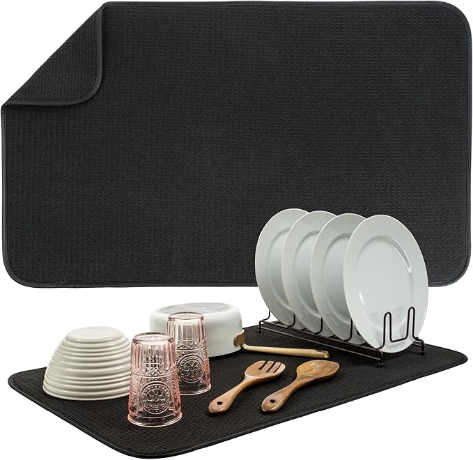 S&T INC. Dish Drying Mat, 18" x 30", Jumbo, Black | Absorbent Microfiber, XXL Kitchen Counter Mat for Dishes, Utensils, Pots and Pans, Machine Washable