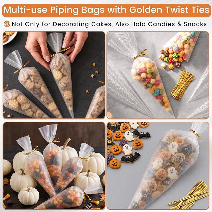 TOPULORS Disposable Piping Bags, 12"H 14" Full Size, 100PCS Pastry Bags | With Twist Ties, Extra Thick Tear Resistant Non-Slip Tipless Icing Bag, Easy Squeeze for Cake Cookie Frosting Decoration